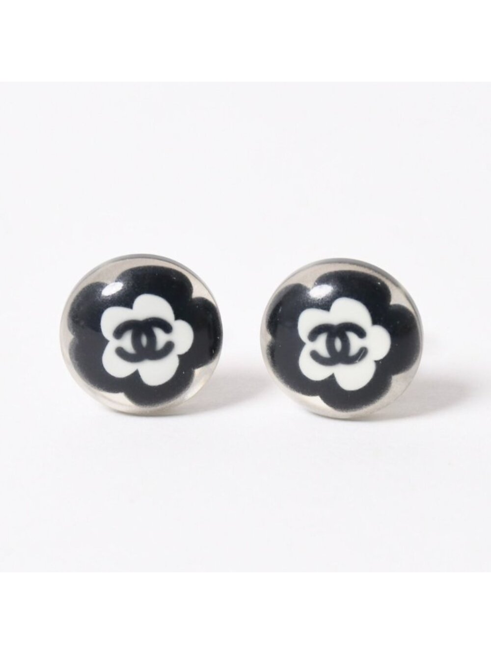 Chanel CC Logo Earrings 04 Button Flower Camellia Clear Resin
